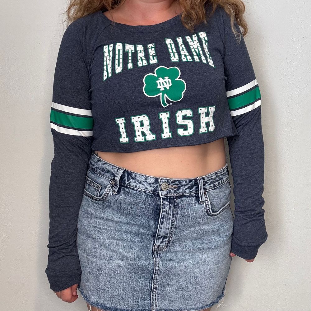 Notre Dame Crop Top‎ Long Sleeve Navy Blue Green Rhinestone Irish Women's Medium